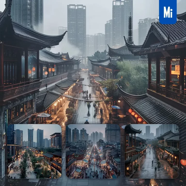 midjourney prompt street bustling people modern skyscraper traditional house landscape photography