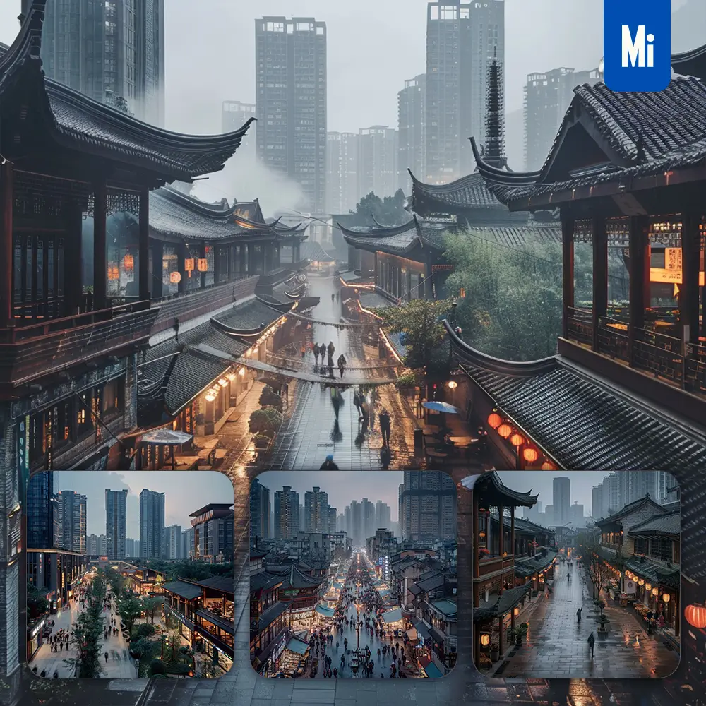 midjourney prompt street bustling people modern skyscraper traditional house landscape photography