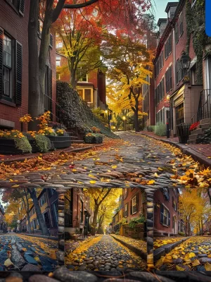 Midjourney Prompt Street Cobblestone Architecture House Autumn Foliage Landscape Photography