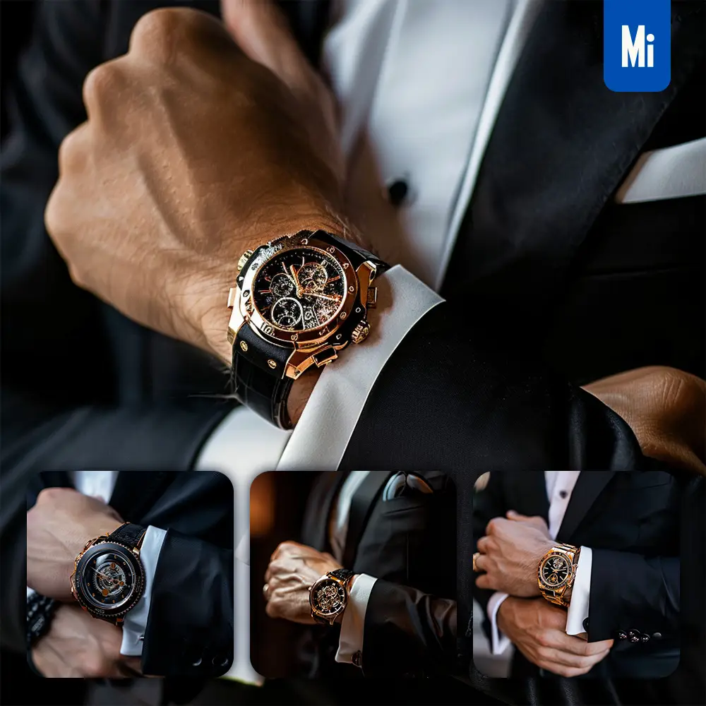 Midjourney Prompt Suit Elegance Fashion Handsome Luxury Watch Hand Pose Staged Photography