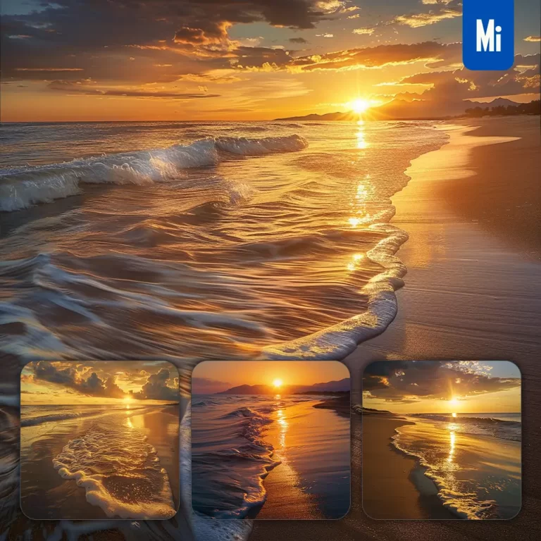 midjourney prompt sun sunset beach golden sandy wave landscape photography