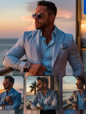 Midjourney Prompt Sunset Beach Suit Gentleman Elegance Fashion Handsome Luxury Watch Sunglasses Photography