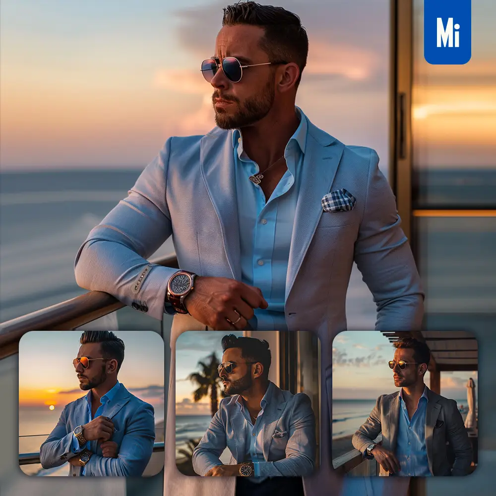 Midjourney Prompt Sunset Beach Suit Gentleman Elegance Fashion Handsome Luxury Watch Sunglasses Photography