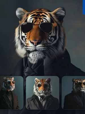 Midjourney Prompt Tiger Sunglasses Suit Coat Esquire Fashion Vogue Photography