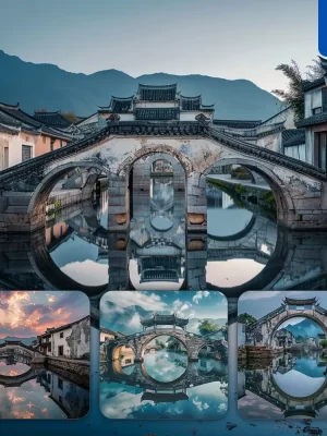 Midjourney Prompt Town Village Architecture Traditional Pool Stone Bridge Landscape Photography