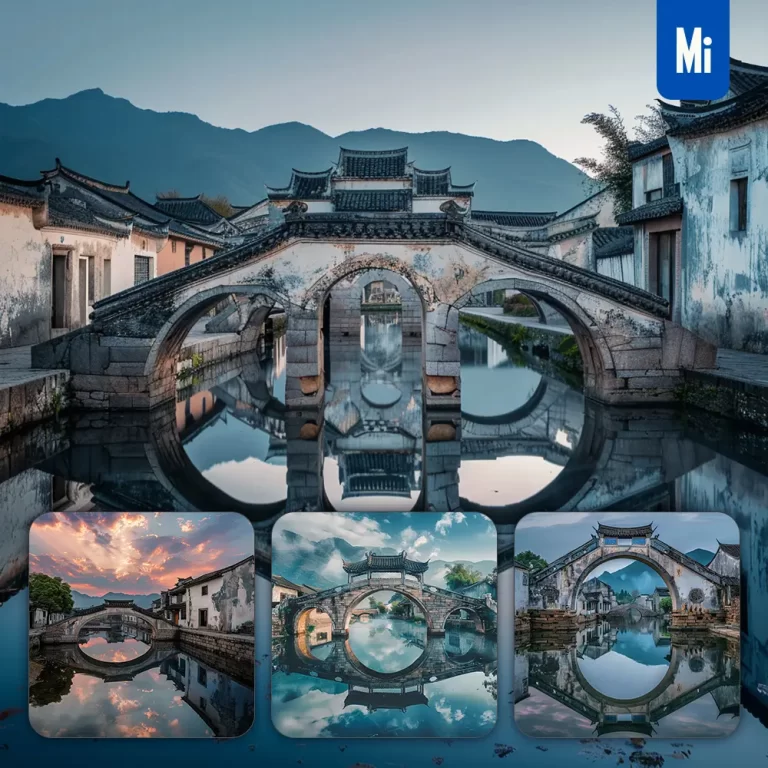 midjourney prompt town village architecture traditional pool stone bridge landscape photography