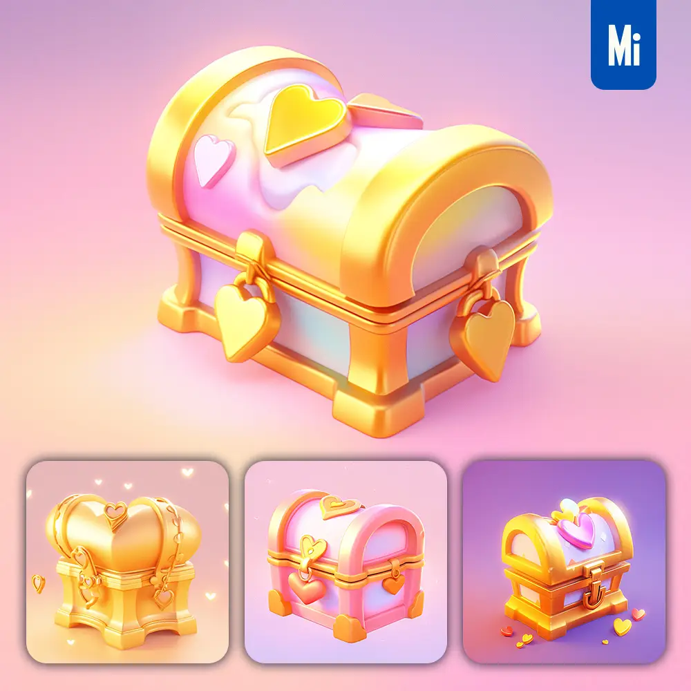 midjourney prompt treasure chest 3D icon game cartoon cute lovely
