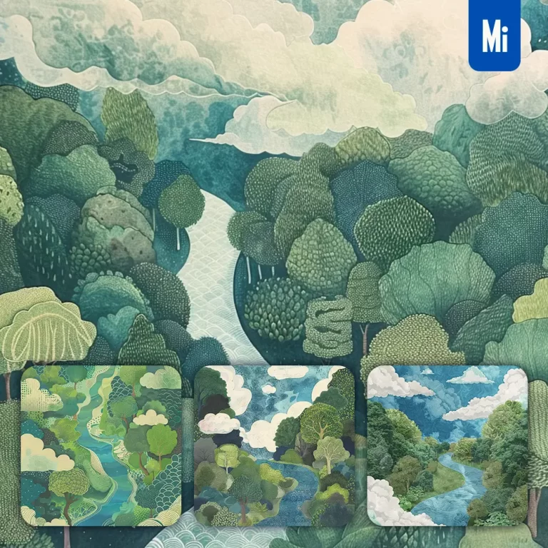 midjourney prompt tree cloud river sky illustration pattern wallpaper background