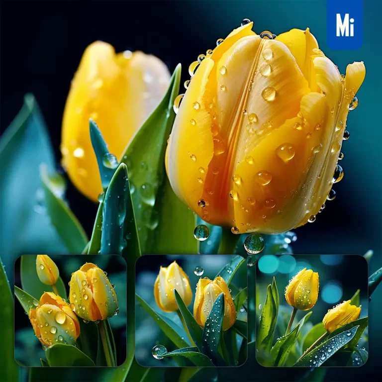 midjourney prompt tulip flower branch leaves leaf dewdrop drop photography