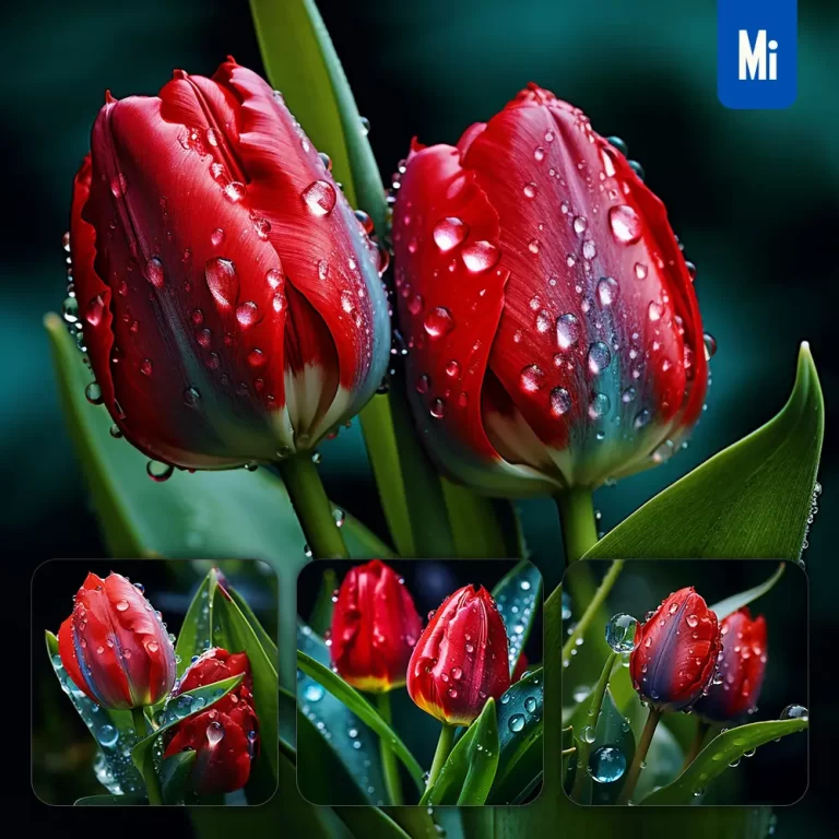 midjourney prompt tulip red flower branch leaves leaf dewdrop drop photography