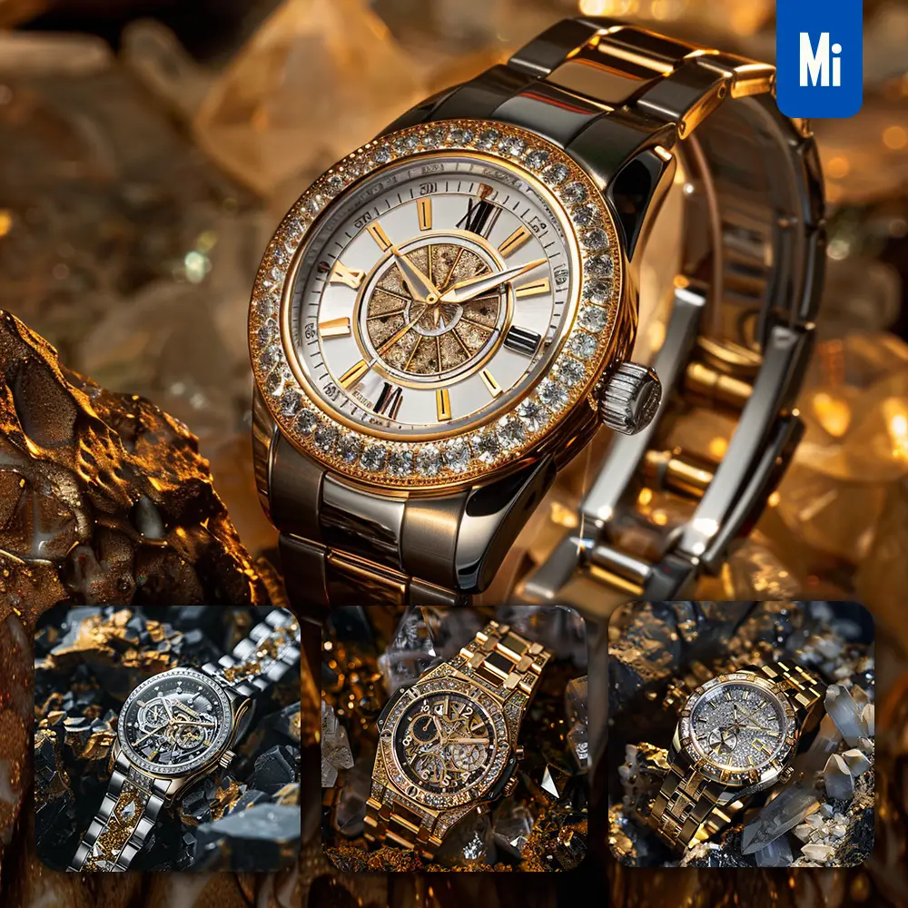 Midjourney Prompt Watch Closeup Luxury Stone Golden Crystal Diamond Luxury Photography