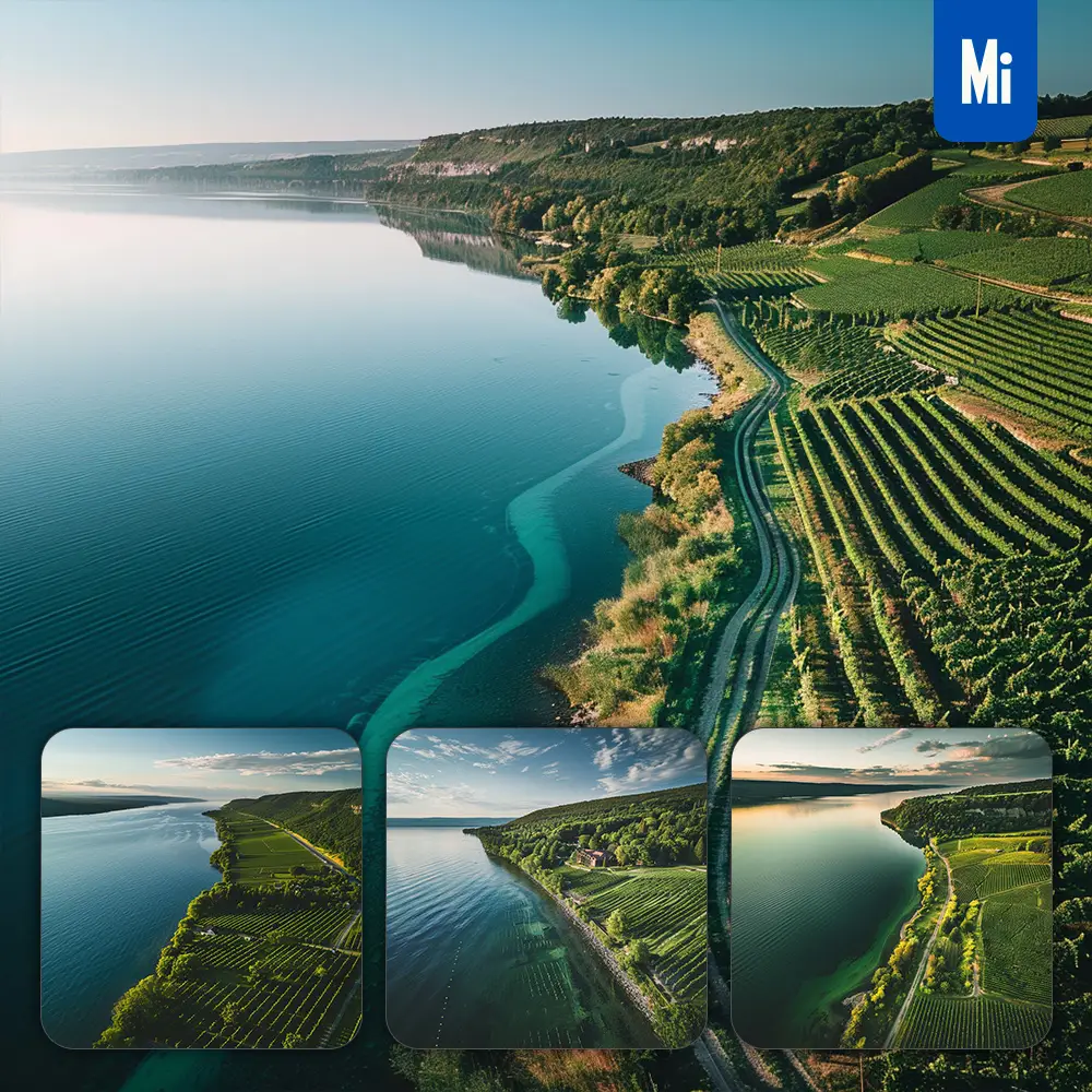 Midjourney Prompt Water Lake Hillside Vineyard Field Green Lakeshore Landscape Photography
