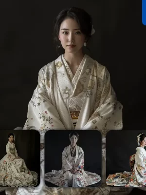 Midjourney Prompt White Japanese Gown Princess Infanta Woman Lady Girl Sitting Portrait Photography