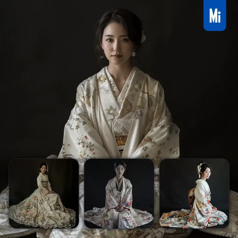 midjourney prompt white Japanese gown princess infanta woman lady girl sitting portrait photography