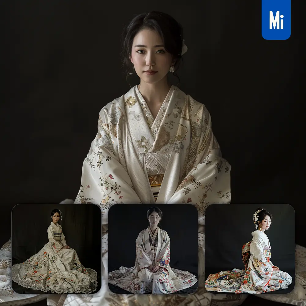 Midjourney Prompt White Japanese Gown Princess Infanta Woman Lady Girl Sitting Portrait Photography
