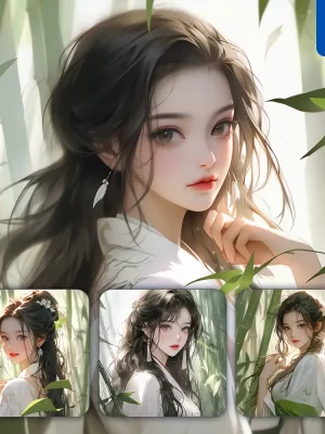 Midjourney Prompt White Bamboo Chinese Beautiful Geisha Asian Woman Girl Lady Face Portrait Animation Cartoon Painting