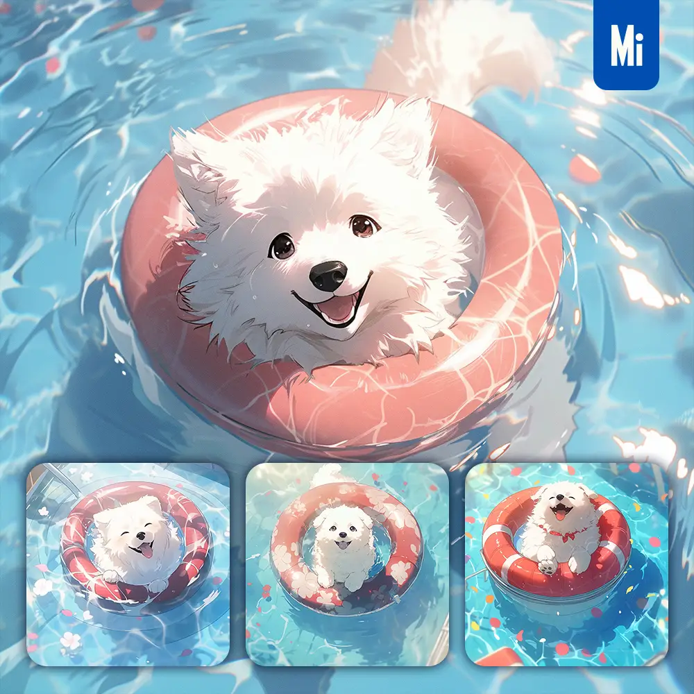 midjourney prompt white dog swimming circle animation smile water pool cute swim