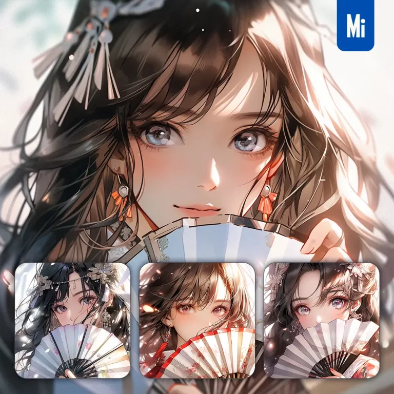 midjourney prompt white fan beautiful Asian woman girl lady face portrait animation cartoon painting