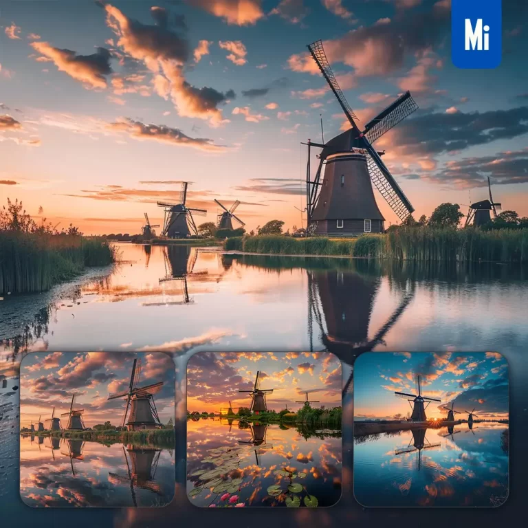midjourney prompt windmill dike canal Dutch sky sunset landscape photography
