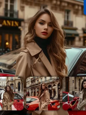 Midjourney Prompt Woman Coat Lady Elegance Fashion Handsome Luxury Watch Street Car Photography