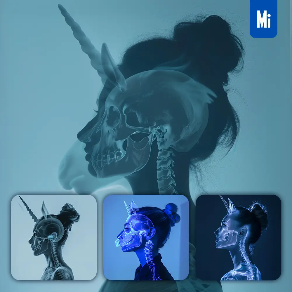 midjourney prompt woman lady X-ray light blue unicorn head portrait photography