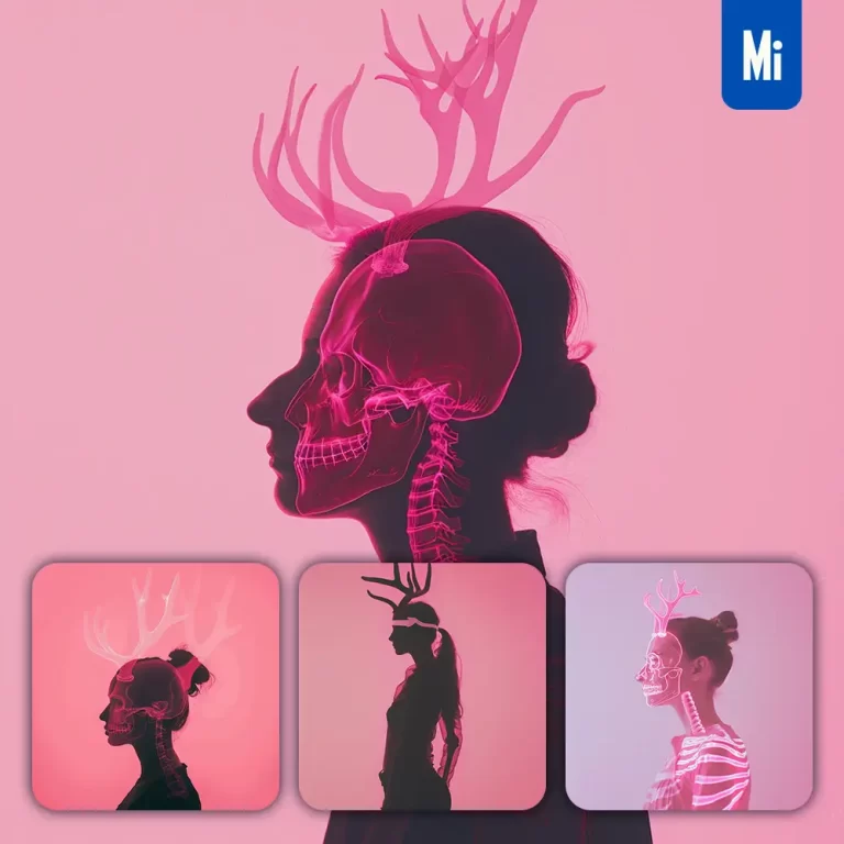 midjourney prompt woman lady X-ray light pink deer head portrait photography