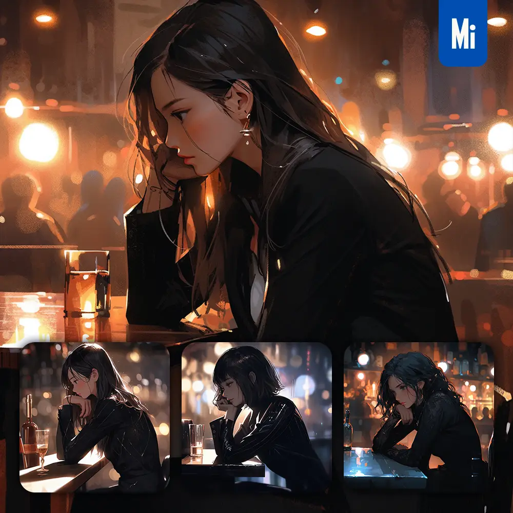 Midjourney Prompt Woman Lady Black Beautiful Bar Girl Drinking Animation Painting Illustration