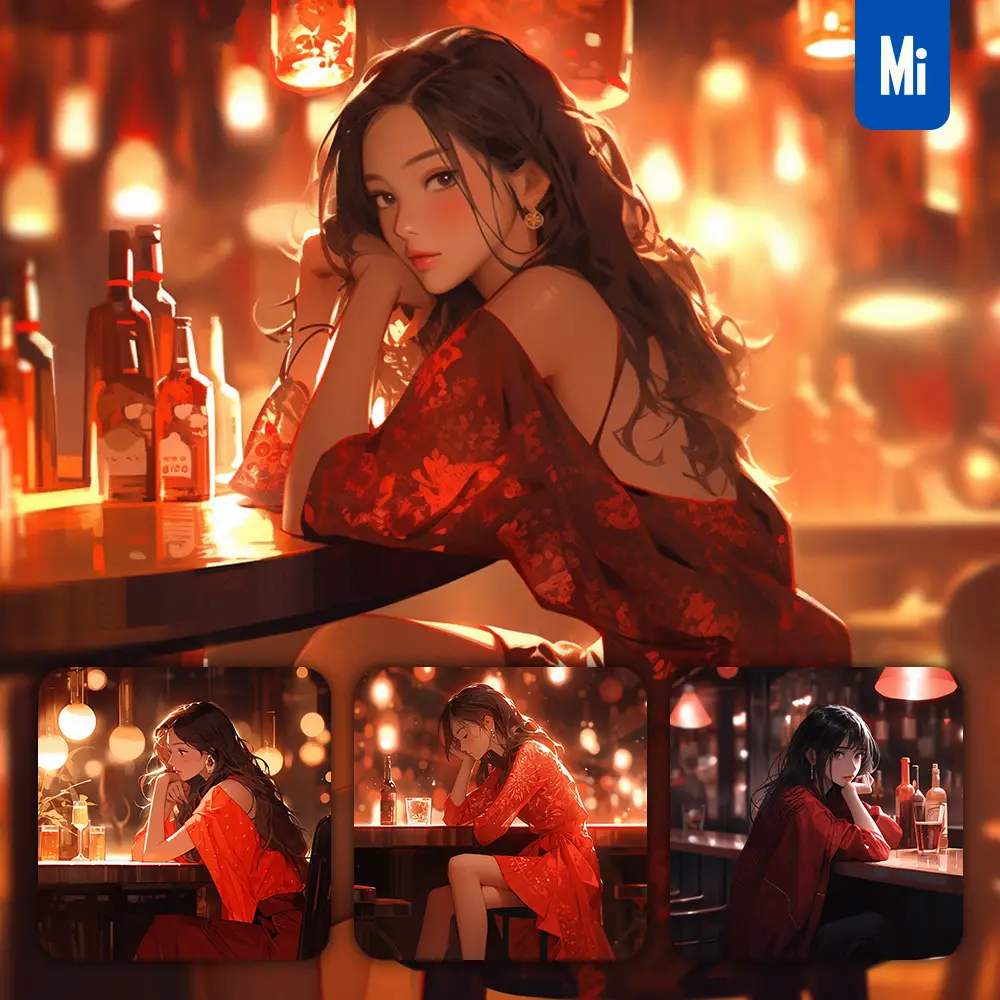 Midjourney Prompt Woman Lady Red Beautiful Bar Girl Drinking Animation Painting Illustration