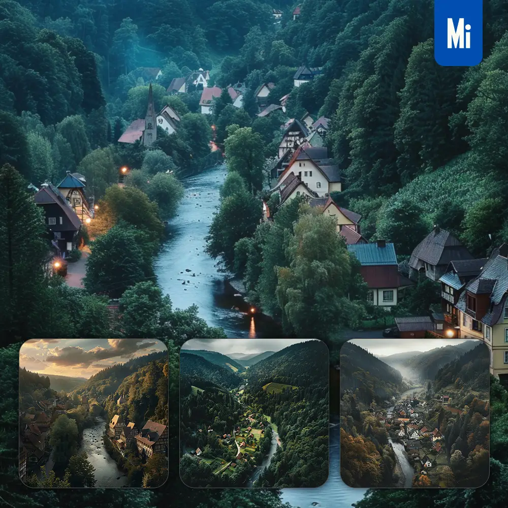 Midjourney Prompt Woods Village Hill Tree River Forest House Landscape Photography