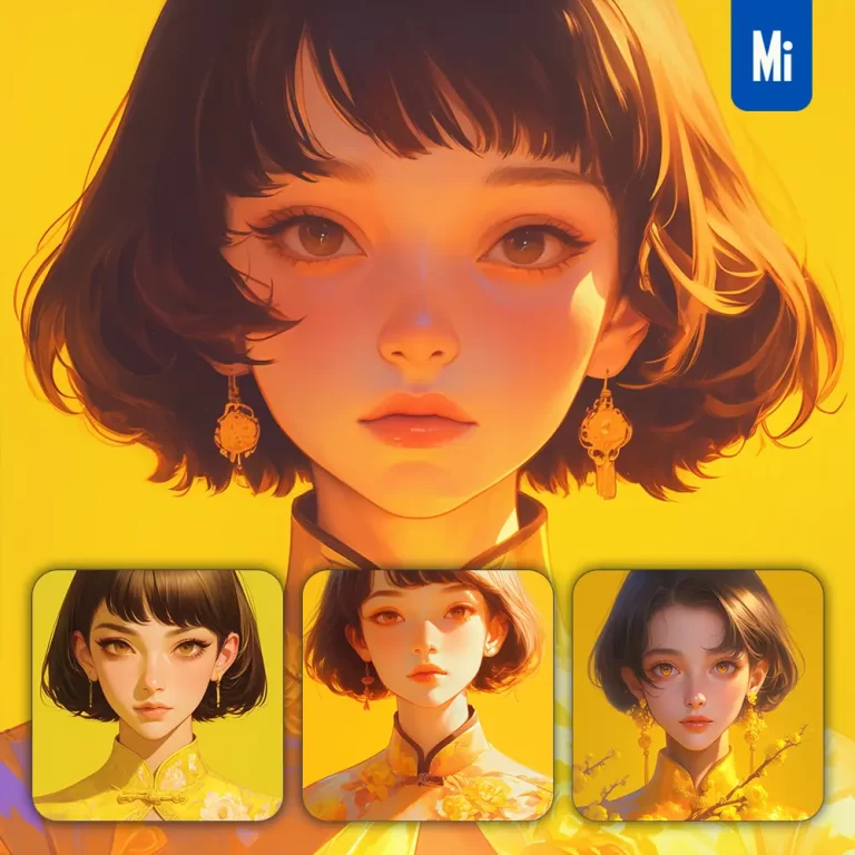 midjourney prompt yellow Chinese Asian beautiful woman girl lady face portrait animation cartoon painting
