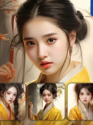 Midjourney Prompt Yellow Chinese Beautiful Asian Woman Girl Lady Face Portrait Animation Cartoon Oil Painting