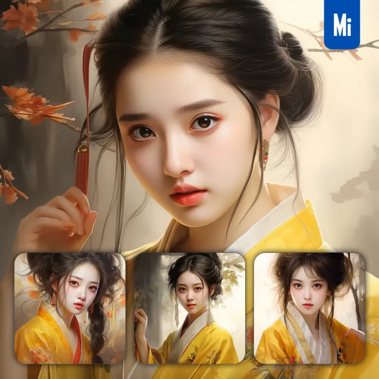 midjourney prompt yellow Chinese beautiful Asian woman girl lady face portrait animation cartoon oil painting