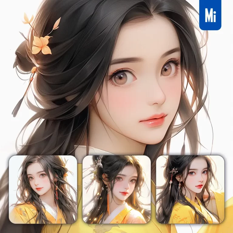 midjourney prompt yellow Chinese beautiful Asian woman girl lady face portrait animation cartoon painting