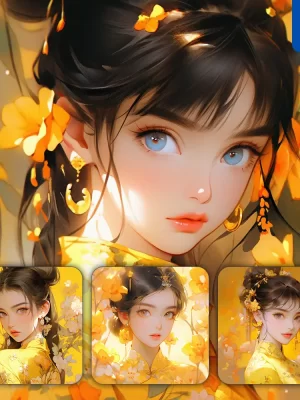 Midjourney Prompt Yellow Chinese Beautiful Asian Woman Girl Lady Face Portrait Flower Animation Cartoon Painting