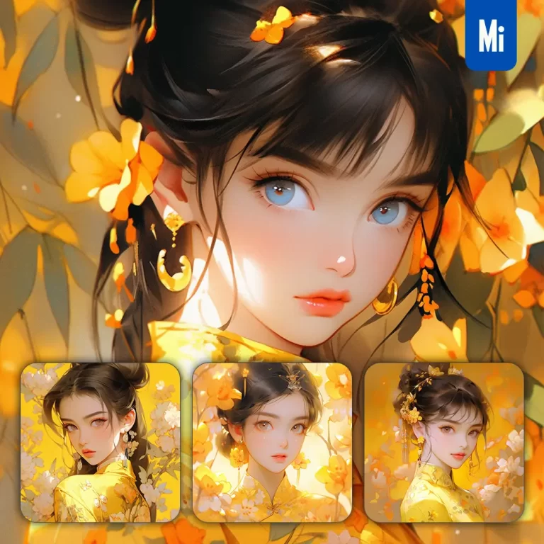 midjourney prompt yellow Chinese beautiful Asian woman girl lady face portrait flower animation cartoon painting
