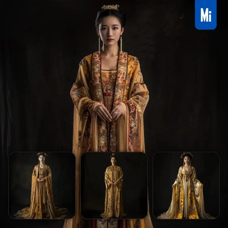 midjourney prompt yellow Chinese gown princess infanta woman lady girl standing photography