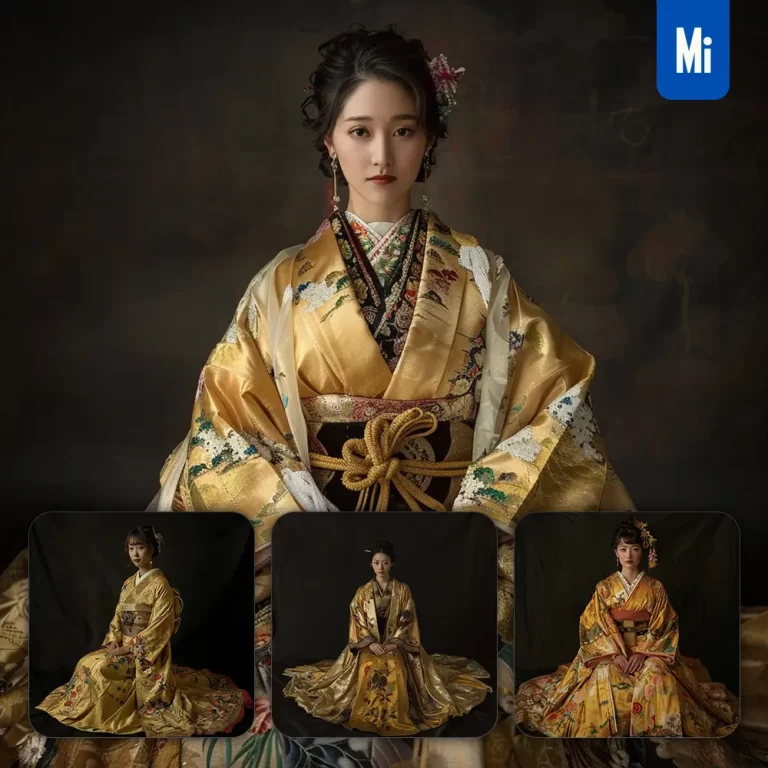 midjourney prompt yellow Japanese gown princess infanta woman lady girl sitting portrait photography