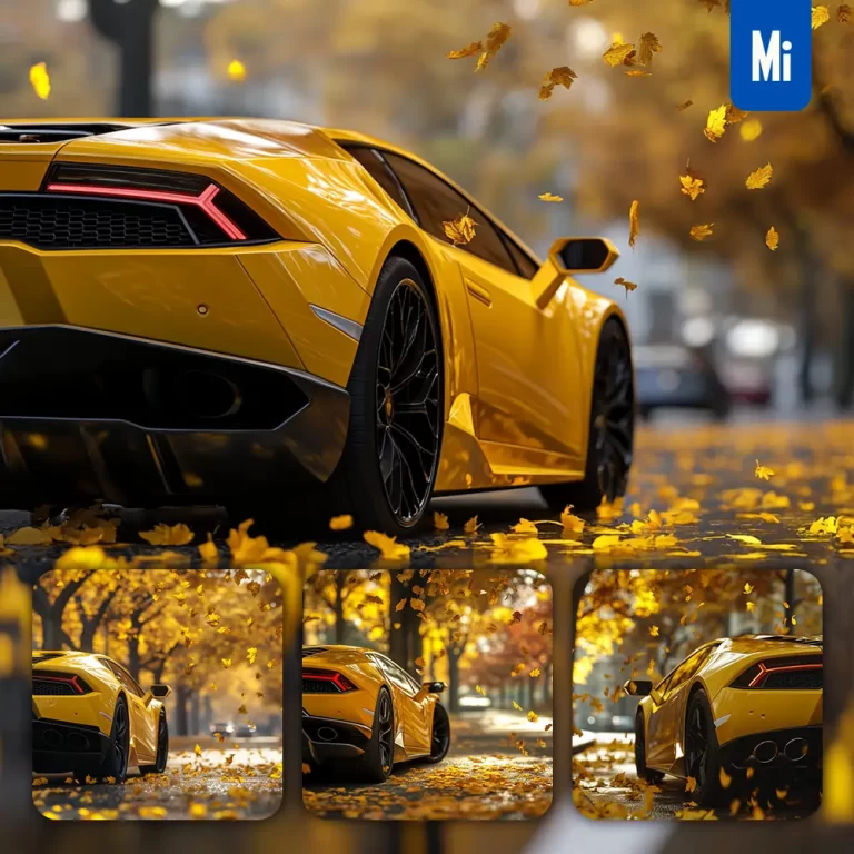 midjourney prompt yellow Lamborghini car autumn fallen leaves tree street road photography