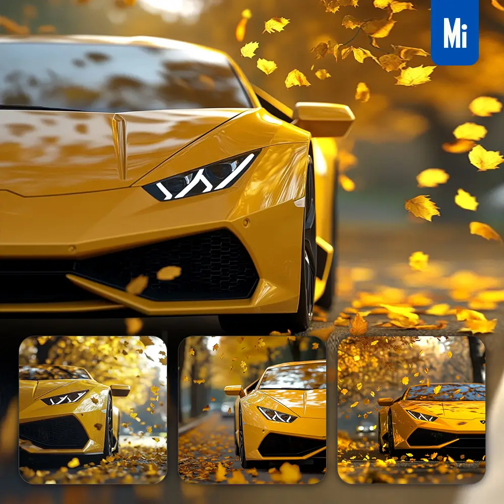 midjourney prompt yellow Lamborghini car front autumn fallen leaves tree street road photography
