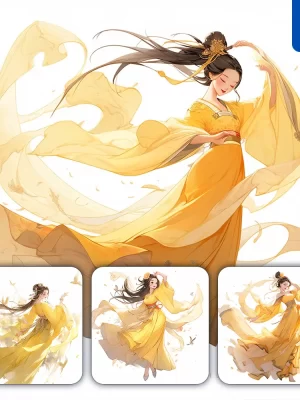 Midjourney Prompt Yellow Beautiful Chinese Fairy Girl Lady Woman Dance Portrait Animation Cartoon Painting