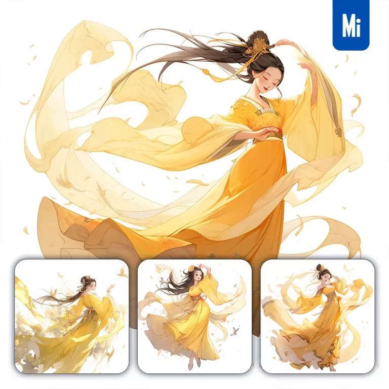 midjourney prompt yellow beautiful Chinese fairy girl lady woman dance portrait animation cartoon painting