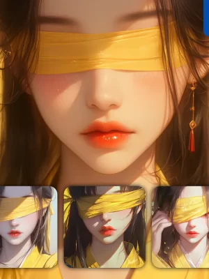 Midjourney Prompt Yellow Blindfolded Beautiful Woman Girl Lady Face Portrait Animation Cartoon