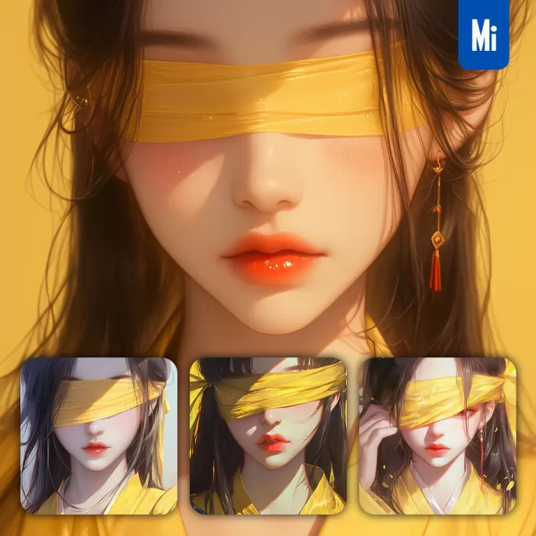 midjourney prompt yellow blindfolded beautiful woman girl lady face portrait animation cartoon
