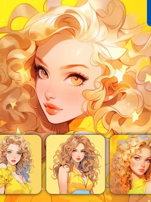 Midjourney Prompt Yellow Golden Girl Woman Lady Portrait Dress Comics Animation Cartoon Painting