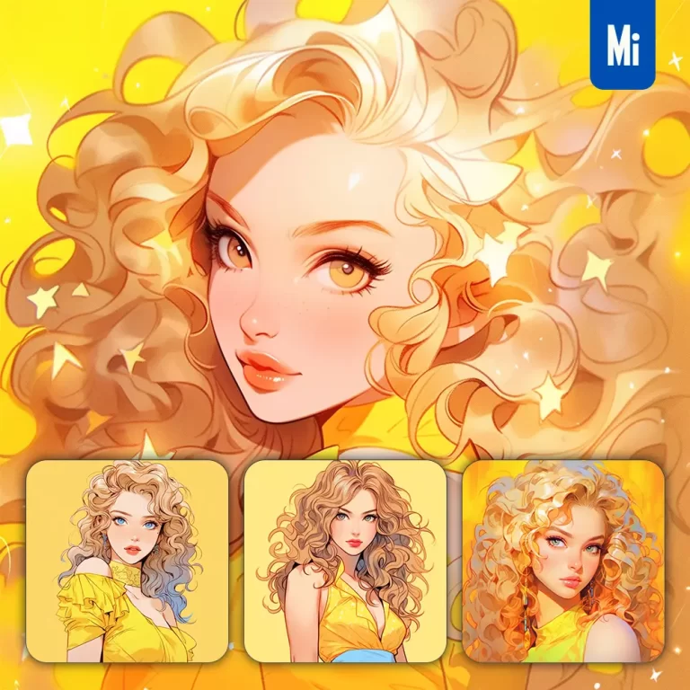 midjourney prompt yellow golden girl woman lady portrait dress comic animation cartoon painting