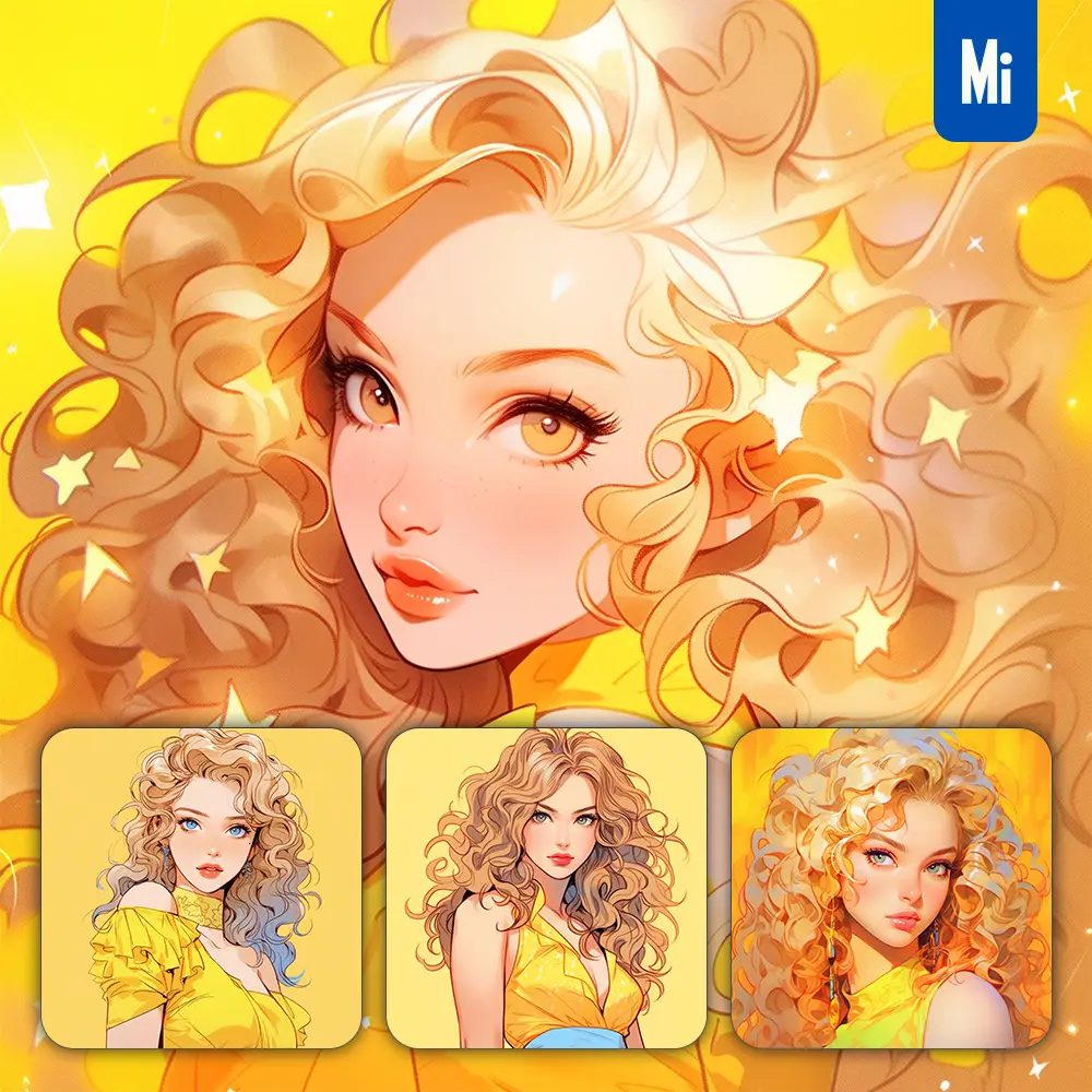 Midjourney Prompt Yellow Golden Girl Woman Lady Portrait Dress Comics Animation Cartoon Painting