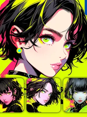 Midjourney Prompt Yellow Neon Short Hair Beautiful Woman Capable Girl Lady Face Portrait Animation Cartoon