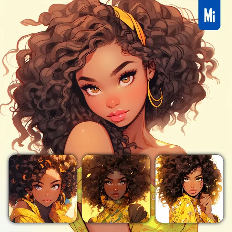 midjourney prompt yellow woman African girl lady portrait dress comic animation cartoon painting