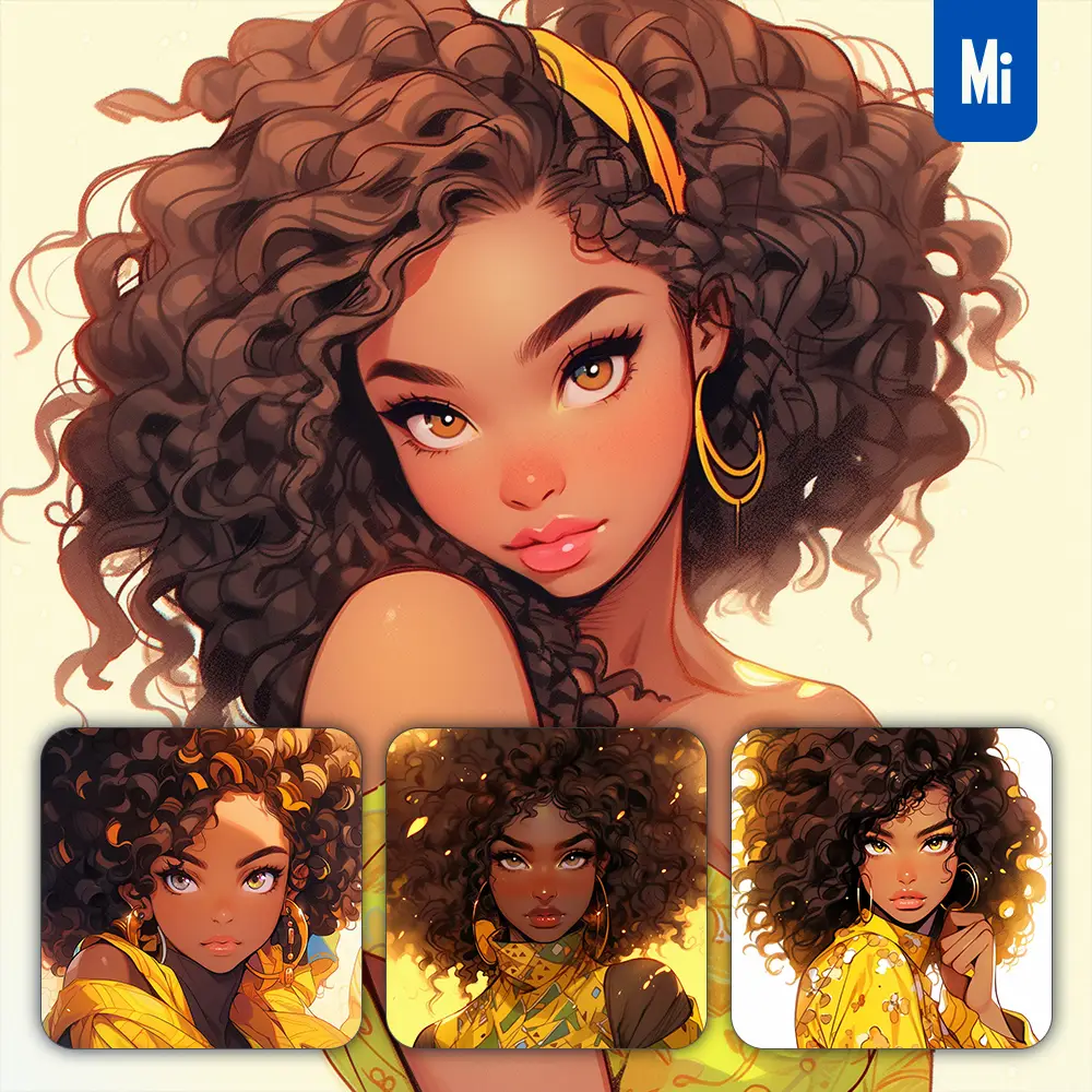 Midjourney Prompt Yellow Woman African Girl Lady Portrait Dress Comics Animation Cartoon Painting
