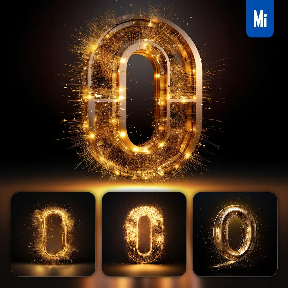 midjourney prompt 0 number golden sparkling lighting material 3D